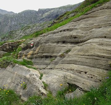 Simplongebiet, Chaltwassergletscher: Im Bereich des abgeschmolzenen Gletschereises sind die vielfältigen Strukturen und Oberflächen der metamorphen Trias Sedimente (weiss-grau gebänder-ter Calcitmarmor und gelblicher Dolomit) sowie der umgebenden Gesteine hervorragend aufge-schlossen und können entsprechend gut studiert werden.